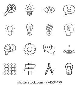Thin line icon set : dollar magnifier, bulb, eye, money message, head, brain, gear, discussion, target, chip, singlepost, draw compass