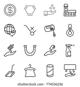 Thin line icon set : dollar, hex molecule, chemical industry, mansion, delivery, do not trolley sign, mixer, thermometer, harvest, horseshoe, hand leaf, sprayer, scoop, hanger, cleanser powder