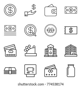 Thin line icon set : dollar, investment, wallet, money, arrow, crypto currency, receipt, credit card, cashbox, building, office, atm, bank