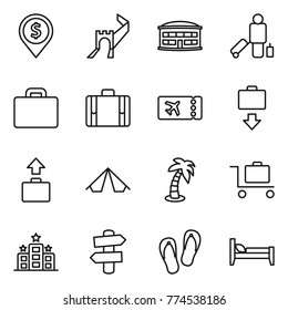 Thin line icon set : dollar pin, greate wall, airport building, passenger, suitcase, ticket, baggage get, tent, palm, trolley, hotel, signpost, flip flops, bed