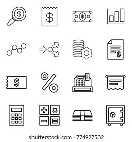 Thin line icon set : dollar magnifier, receipt, money, graph, core splitting, virtual mining, account balance, percent, cashbox, atm, calculator, safe