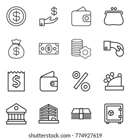 Thin line icon set : dollar, investment, wallet, purse, money bag, virtual mining, hand coin, receipt, percent, cashbox, library, office, safe