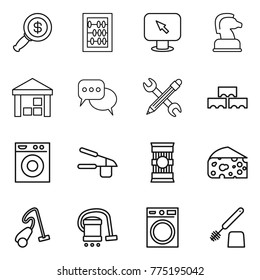 Thin line icon set : dollar magnifier, abacus, monitor arrow, chess horse, warehouse, discussion, pencil wrench, block wall, washing machine, garlic clasp, pasta, cheese, vacuum cleaner