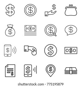 Thin line icon set : dollar, investment, purse, money bag, arrow, message, phone pay, hand coin, account balance, mobile, pin