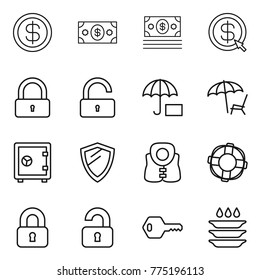 Thin line icon set : dollar, money, arrow, lock, unlock, insurance, lounger, safe, shield, life vest, lifebuoy, locked, unlocked, key, plate washing
