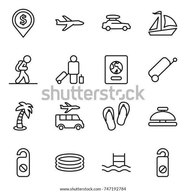 thin line icon set\
: dollar pin, plane, car baggage, sail boat, tourist, passenger,\
passport, suitcase, palm, transfer, flip flops, service bell, do\
not distrub, inflatable\
pool