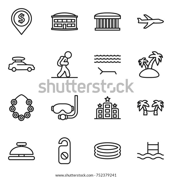 thin line icon set : dollar pin, airport building,\
plane, car baggage, tourist, lounger, island, hawaiian wreath,\
diving mask, hotel, palm hammock, service bell, do not distrub,\
inflatable pool