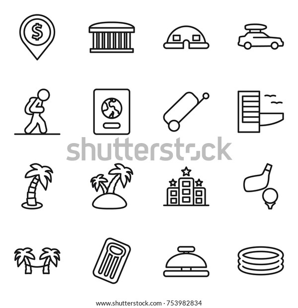 thin\
line icon set : dollar pin, airport building, dome house, car\
baggage, tourist, passport, suitcase, hotel, palm, island, golf,\
hammock, inflatable mattress, service bell,\
pool