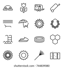 thin line icon set : dome house, perishable, trailer, suitcase, lounger, sun, hawaiian wreath, pool, jet ski, inflatable, honeycombs, flower, rake, clean window