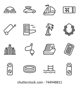 thin line icon set : dome house, car baggage, sail boat, ticket, suitcase, hotel, palm, hawaiian wreath, golf, cruise ship, inflatable mattress, do not distrub, pool