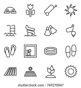thin line icon set : dome house, perishable, suitcase, sun, pool, aquapark, flippers, golf, flip flops, flower in window, inflatable, slippers, field, sprouting