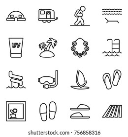 Thin line icon set : dome house, trailer, tourist, lounger, uv cream, island, hawaiian wreath, pool, aquapark, diving mask, windsurfing, flip flops, flower in window, slippers, field
