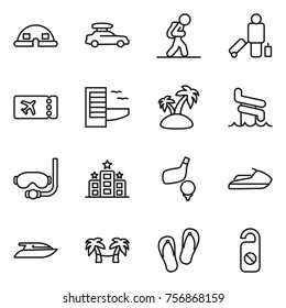 Thin line icon set : dome house, car baggage, tourist, passenger, ticket, hotel, island, aquapark, diving mask, golf, jet ski, yacht, palm hammock, flip flops, do not distrub