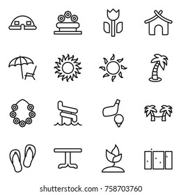 Thin line icon set : dome house, flower bed, perishable, bungalow, lounger, sun, palm, hawaiian wreath, aquapark, golf, hammock, flip flops, table, sprouting, clean window