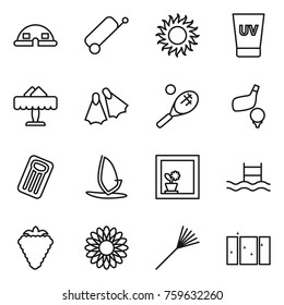 Thin line icon set : dome house, suitcase, sun, uv cream, restaurant, flippers, tennis, golf, inflatable mattress, windsurfing, flower in window, pool, berry, rake, clean