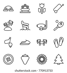 Thin line icon set : dome house, flower bed, perishable, suitcase, island, aquapark, diving mask, tennis, golf, jet ski, palm hammock, flip flops, cooler fan, berry, spruce