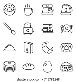 thin line icon set : donut, hot drink, coffee maker, kettle, big spoon, toaster, fork plate, meal cap, cereals, croissant, pretzel, pancakes, bread, egg, cheese