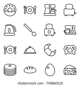 thin line icon set : donut, cafe, coffee maker, toaster, kettle, big spoon, fork plate, meal cap, croissant, pretzel, pancakes, bread, egg, cheese