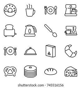 thin line icon set : donut, hot drink, cafe, coffee maker, toaster, kettle, big spoon, fork plate, meal cap, cereals, croissant, pretzel, pancakes, bread, cheese