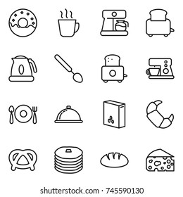 thin line icon set : donut, hot drink, coffee maker, toaster, kettle, big spoon, fork plate, meal cap, cereals, croissant, pretzel, pancakes, bread, cheese