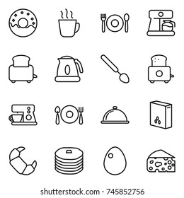 thin line icon set : donut, hot drink, cafe, coffee maker, toaster, kettle, big spoon, fork plate, meal cap, cereals, croissant, pancakes, egg, cheese
