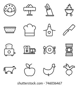 thin line icon set : donut, restaurant, stands for knives, bbq, colander, cook hat, apron, chef knife, toaster, food processor, fork spoon plate, pasta, cow, apple, chicken, beet