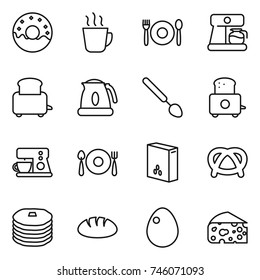 thin line icon set : donut, hot drink, cafe, coffee maker, toaster, kettle, big spoon, fork plate, cereals, pretzel, pancakes, bread, egg, cheese