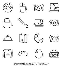 thin line icon set : donut, hot drink, cafe, coffee maker, toaster, big spoon, fork plate, meal cap, cereals, croissant, pretzel, pancakes, bread, egg, cheese