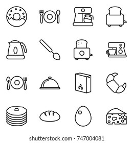 thin line icon set : donut, cafe, coffee maker, toaster, kettle, big spoon, fork plate, meal cap, cereals, croissant, pancakes, bread, egg, cheese