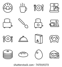 thin line icon set : donut, hot drink, cafe, coffee maker, toaster, big spoon, fork plate, meal cap, cereals, pretzel, pancakes, bread, egg, cheese