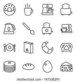thin line icon set : donut, hot drink, coffee maker, toaster, kettle, big spoon, fork plate, cereals, croissant, pretzel, pancakes, bread, egg, cheese