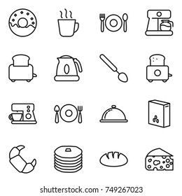 thin line icon set : donut, hot drink, cafe, coffee maker, toaster, kettle, big spoon, fork plate, meal cap, cereals, croissant, pancakes, bread, cheese