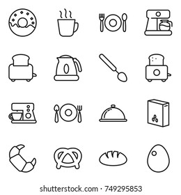 thin line icon set : donut, hot drink, cafe, coffee maker, toaster, kettle, big spoon, fork plate, meal cap, cereals, croissant, pretzel, bread, egg