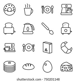 thin line icon set : donut, hot drink, cafe, coffee maker, toaster, kettle, big spoon, fork plate, cereals, croissant, pancakes, bread, egg, cheese