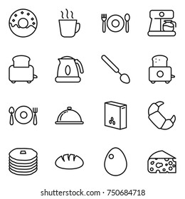 thin line icon set : donut, hot drink, cafe, coffee maker, toaster, kettle, big spoon, fork plate, meal cap, cereals, croissant, pancakes, bread, egg, cheese