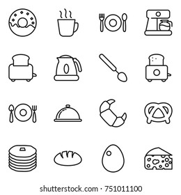 thin line icon set : donut, hot drink, cafe, coffee maker, toaster, kettle, big spoon, fork plate, meal cap, croissant, pretzel, pancakes, bread, egg, cheese
