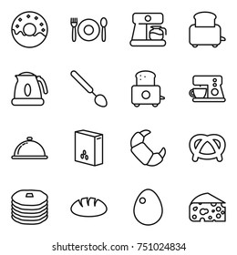 thin line icon set : donut, cafe, coffee maker, toaster, kettle, big spoon, meal cap, cereals, croissant, pretzel, pancakes, bread, egg, cheese