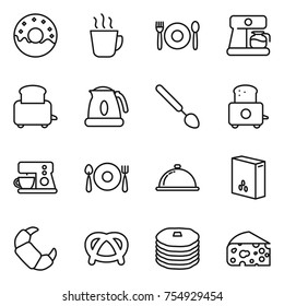 thin line icon set : donut, hot drink, cafe, coffee maker, toaster, kettle, big spoon, fork plate, meal cap, cereals, croissant, pretzel, pancakes, cheese thin line icon set : donut, hot drink, cafe, coffee maker, toaster, kettle, big spoon, fork plate, meal cap, cereals, croissant, pretzel, pancakes, cheese