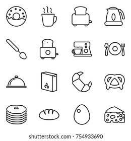 thin line icon set : donut, hot drink, toaster, kettle, big spoon, coffee maker, fork plate, meal cap, cereals, croissant, pretzel, pancakes, bread, egg, cheese