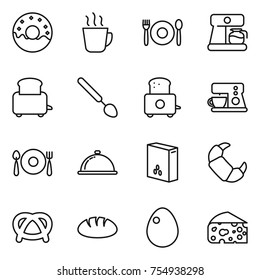 thin line icon set : donut, hot drink, cafe, coffee maker, toaster, big spoon, fork plate, meal cap, cereals, croissant, pretzel, bread, egg, cheese