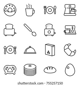 thin line icon set : donut, hot drink, cafe, coffee maker, toaster, big spoon, fork plate, meal cap, cereals, croissant, pretzel, pancakes, bread, egg