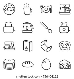 Thin line icon set : donut, hot drink, cafe, coffee maker, toaster, kettle, big spoon, cereals, croissant, pretzel, pancakes, bread, egg, cheese