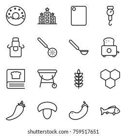 Thin line icon set : donut, hotel, cutting board, handle scales, apron, skimmer, ladle, toaster, cooking book, bbq, spikelets, honeycombs, hot pepper, mushroom, eggplant, fish