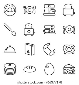Thin line icon set : donut, cafe, coffee maker, toaster, big spoon, fork plate, meal cap, cereals, croissant, pretzel, pancakes, bread, egg, cheese