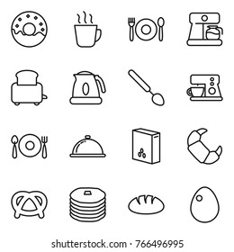 Thin line icon set : donut, hot drink, cafe, coffee maker, toaster, kettle, big spoon, fork plate, meal cap, cereals, croissant, pretzel, pancakes, bread, egg
