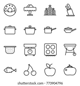 Thin line icon set : donut, restaurant, hotel, stands for knives, pan, saute, colander, kitchen scales, hob, bbq, fish, cherry, apple, tomato