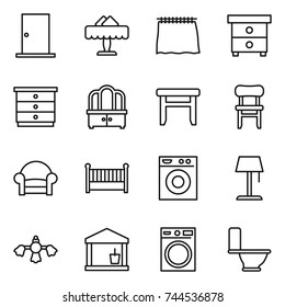thin line icon set : door, restaurant, curtain, nightstand, chest of drawers, dresser, stool, chair, armchair, crib, washing machine, floor lamp, hard reach place cleaning, utility room, toilet