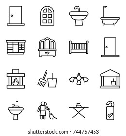 thin line icon set : door, arch window, sink, bath, wardrobe, dresser, crib, fireplace, bucket and broom, hard reach place cleaning, utility room, water tap, brooming, iron board, please clean