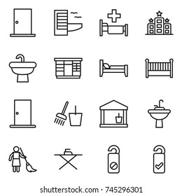 thin line icon set : door, hotel, hospital, sink, wardrobe, bed, crib, bucket and broom, utility room, water tap, brooming, iron board, do not distrub, please clean