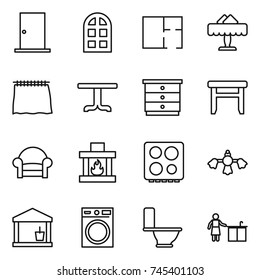 thin line icon set : door, arch window, plan, restaurant, curtain, table, chest of drawers, stool, armchair, fireplace, hob, hard reach place cleaning, utility room, washing machine, toilet, kitchen
